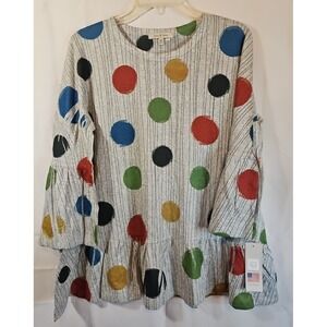 Jess And Jane Dancing Dots Knit Top Women's M NWT Ruffled Hem and Sleeves